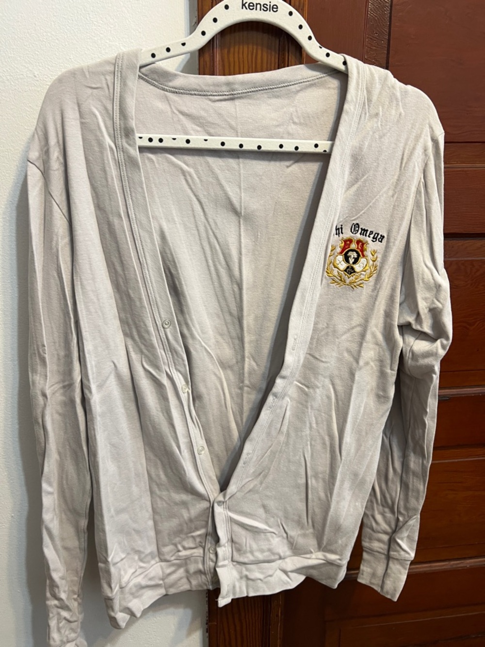 American Apparel light gray cardigan with Chi Omega embroided crest